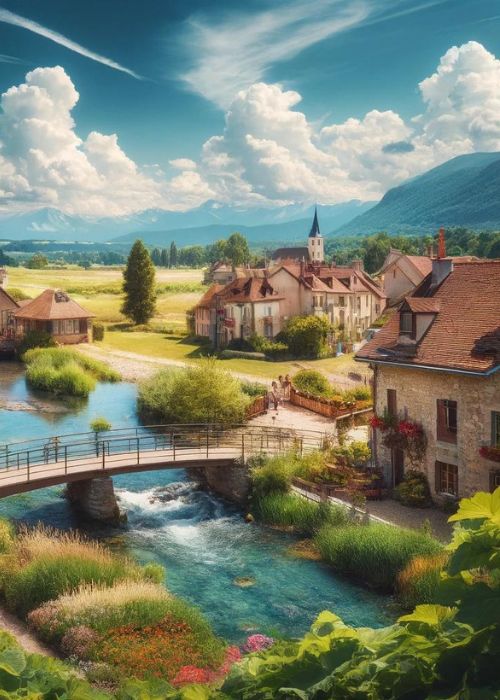 Vue enchanteuse d'un village pittoresque à La Roche-sur-Foron. L'image montre un paysage pastoral avec un petit pont arqué enjambant une rivière cristalline. 