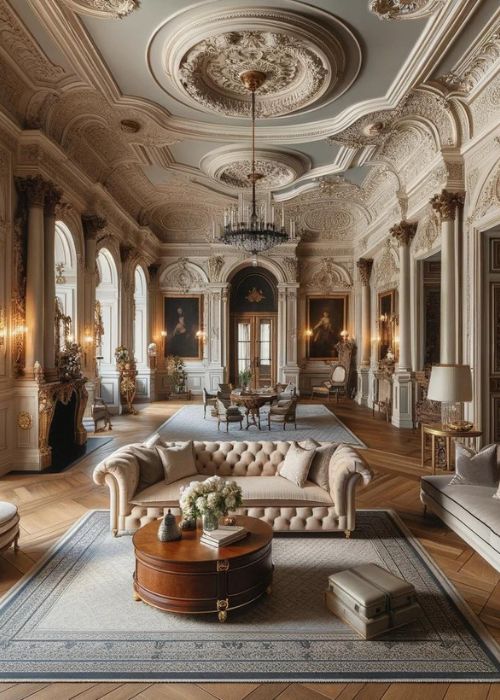 Salle d'un manoir historique avec des plafonds hauts, des moulures détaillées, des meubles anciens luxueux mélangés à des touches contemporaines, évoquant une ambiance sophistiquée et confortable.